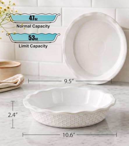 Lareina Deep Dish Pie Pan 9 Inch Ceramic, 53 oz Pie Plate with Recipe Book