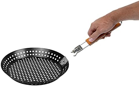 12" Non-Stick Grilling Skillet with Removable Handle - Large Grill Pan & Deep Fryer Strainer Basket for Seafood & Vegetables - Indoor & Outdoor BBQ Grill & Restaurant Use by Mr. Bar-B-Q 06750X