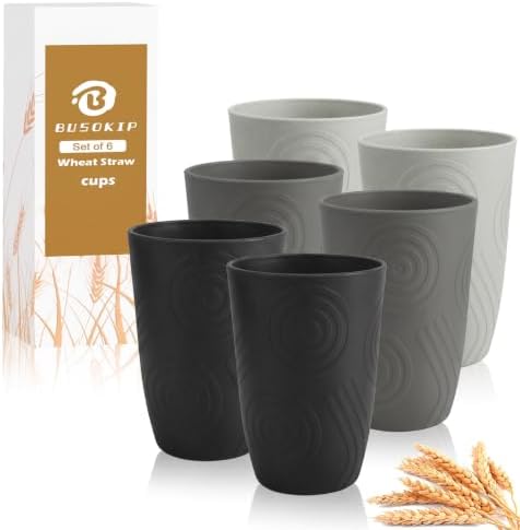 16oz Wheat Straw Cups Set of 6, Unbreakable Kitchen Cup (BlackGrey)