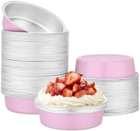 Beasea Disposable Baking Pie Cups, 100 Pack 7.3oz 215ml Aluminum Foil Ramekins Only, 4" Mini Ramekin Cups No Lids Baking Tart Tin for Party Cupcake Cheesecake Pie - Pastel Pink
