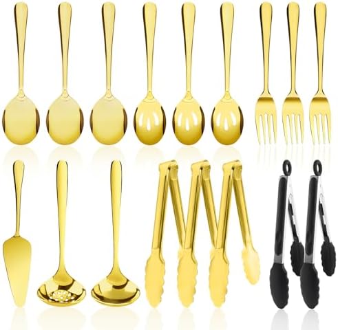 17PCS Serving Spoons and Utensils Set, Stainless Steel Serveware Gold