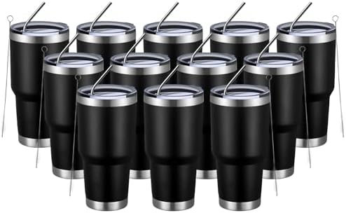 MEWAY 30oz Insulated Tumbler With Lids and Straws,Stainless Steel Double Vacuum Coffee Tumbler Cup, Brush, Durable Powder Coated Coffee Cup for Cold & Hot Drinks, Office, Travel(Black,12 PACK)