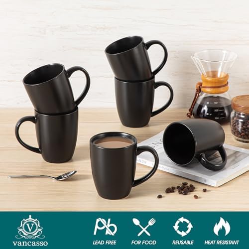 vancasso PLAYA Ceramic Coffee Mug Set of 6, 16 Oz Tea Cups with Handle for Latte, Tea, Cappuccino, Milk, Cocoa, Microwave&Dishwasher Safe, Black