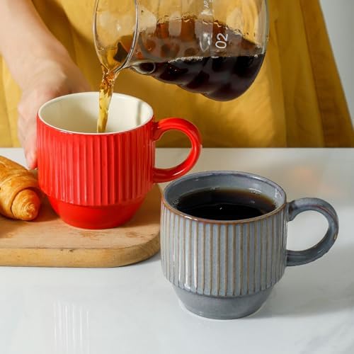 Hasense 12 Oz Coffee Mugs Set of 4 with Rack, Red Stackable Coffee Cups Ceramic, Modern Ribbed Latte Cup Sets for Cappuccino, Tea, Espresso, Hot Cocoa, Drinks - Dishwasher & Microwave Safe