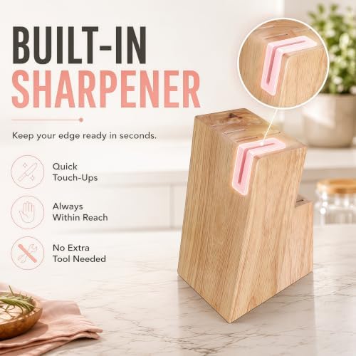 14-Piece Peach Pink Knife Block Set with Built-In Sharpener
