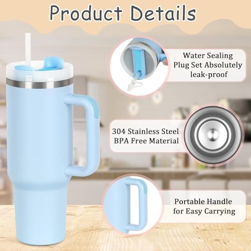 4 Pack 40 Oz Tumblers with Handle Bulk, Double Wall Vacuum Insulated Stainless Steel Tumblers with Lid and Straw, 40 oz Cups with Silicone Spill Proof Stopper Set (Sky Blue)