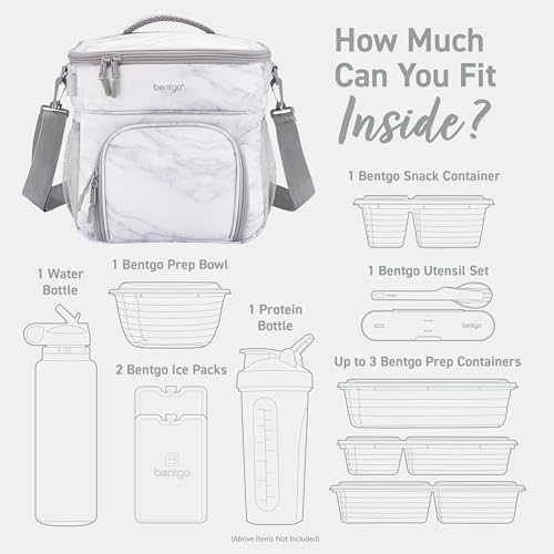 Bentgo Prep Deluxe Insulated Multimeal Bag - Lunch Box Bag, Holds 5 Meals, Premium Insulation up to 8 Hrs, Durable, Water-Resistant - Large Capacity For Adult Meal Prep (White Marble)