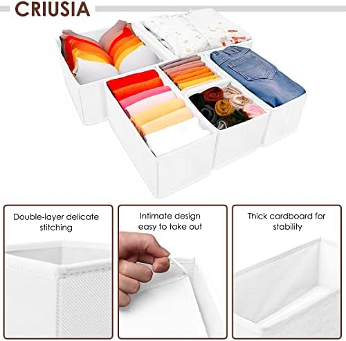Criusia 6 Pack Clothes Drawer Organizer, Fabric Foldable Closet Dresser Drawer Organizer for Clothing, Bra Sock Underwear Drawer Organizer for Nursery Dorm Bedroom Organization (6 Bins, White)