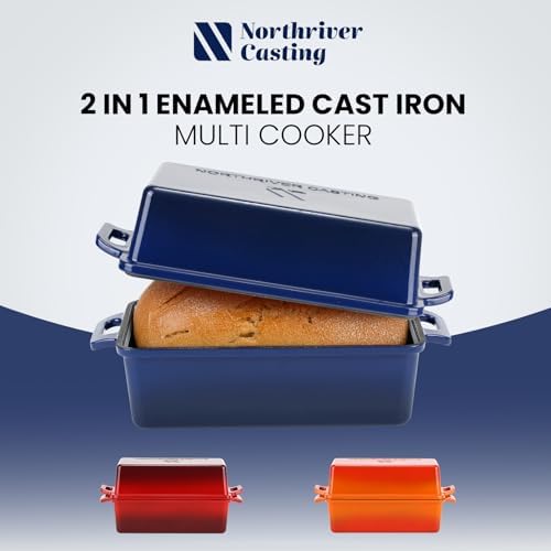 Northriver Casting 2 in 1 Enameled Cast Iron Bread Pan with Lid, Perfect Bread Oven, Loaf Pans for Baking Homemade Sourdough Bread 9x5, 2 Piece set, Navy Blue