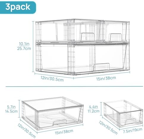 Vtopmart Clear Stackable Storage Drawers, 3 Pack Wide Organizer Set