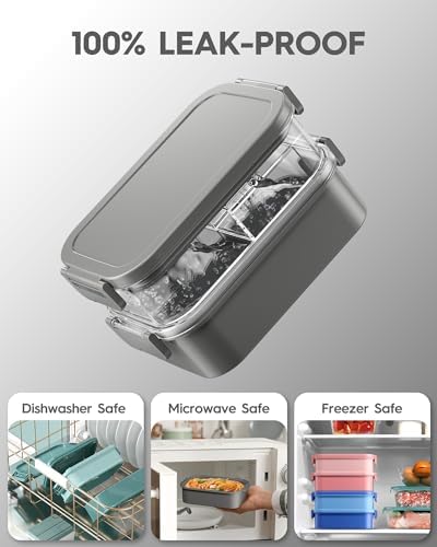 KEMETHY Adults Bento Lunch Box Set with Thermo Bag, 74oz Stackable Leak-proof 3-tiers Bento Box, Built-in Utensil and Sauce Container for Work, School, Dining Out (Gray)