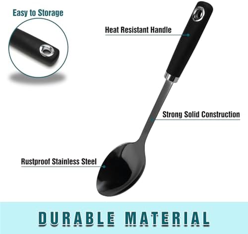 Stainless Steel Cooking Spoon, 14-Inch, Solid Bowl, Black
