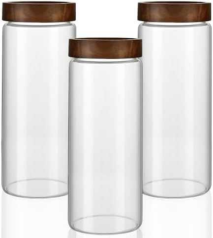3 Pack 50 fl oz/1500 ml Clear Glass Storage Canister with Airtight Wooden Screw On Lid, Large Tall Decorative Glass Container Jar Set for Coffee, Nut, Tea, Candy, Cookie, Cereal, Sugar, Flour