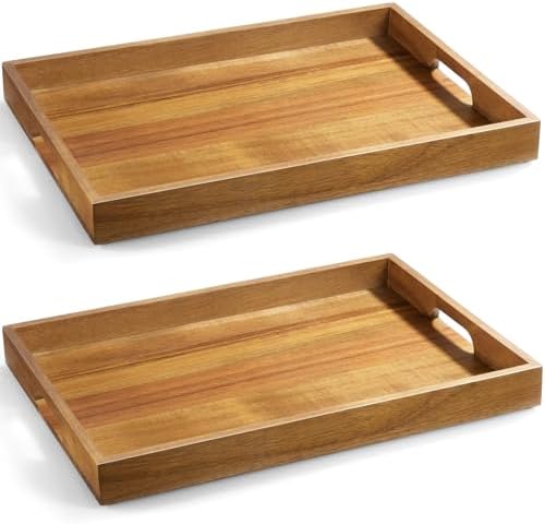 2 Pack Acacia Wood Serving Tray with Handles - 17 Inch Large Wooden Tray for Ottoman, Breakfast in Bed, Dinner, Coffee Table