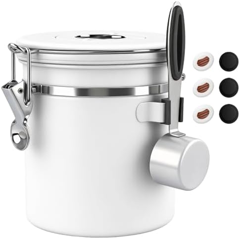 ShanSon Coffee Canister Airtight, Stainless Steel Bean Storage Container with Date Tracker & Scoop, Grounds Sugar Flour Tea Cereal Fits Kitchen Pantry, Ideal Gift for Coffee Lovers,16oz, White