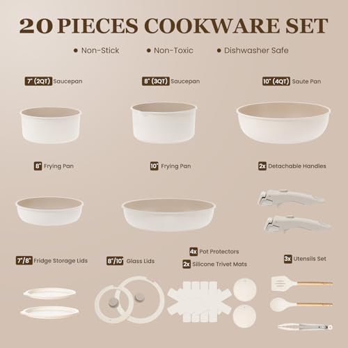 KIKCOIN Nonstick Pots and Pans Set, 20 Pack Cookware Set with Detachable Handle, Induction RV Kitchen Cooking Set with Removable Handle, Frying Pans - Dishwasher/Oven Safe, PFOA Free