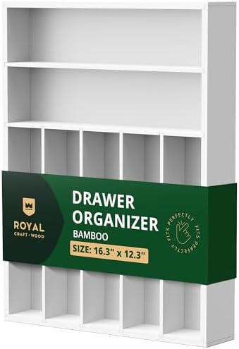 ROYAL CRAFT WOOD Luxury Bamboo Kitchen Drawer Organizer - Silverware Organizer - Utensil Holder and Cutlery Tray with Grooved Drawer Dividers for Flatware and Kitchen Utensils (7 Slot, White)