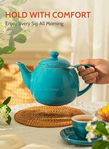 Sweese Teapot, Porcelain Tea Pot with Stainless Steel Infuser, Blooming & Loose Leaf Teapot - 27ounce, Steel Blue