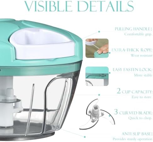 Ourokhome Manual Food Processor Vegetable Chopper, Portable Hand Pull String Garlic Mincer Onion Cutter for Veggies, Ginger, Fruits, Nuts, Herbs, etc., 500ml, Teal