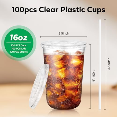 100 Pack 16 oz Round Bottom Plastic Iced Coffee Cups with Lids and Straws