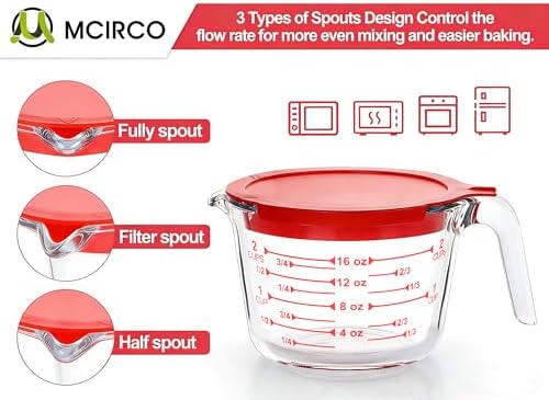 M MCIRCO 6 Pcs Glass Measuring Cups with Lids Set, 1-Cup, 2-Cup, 4-Cup Measuring Jugs with Handle, Nesting Liquid Measuring Cups for Kitchen (Pack of 2)