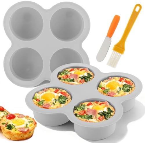 2 Pack Silicone Egg Bite Molds with 1 Spatula & 1 Brush, 4 Cups Silicone Air Fryer Baking Pan Non-Stick for Egg Bites, Cupcake, Tart, Frittata, Quiche, Muffins, Cornbread