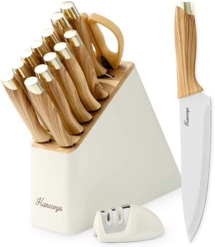 Knife Set, 15 PCS Kitchen Knife Set with Block and Sharpener