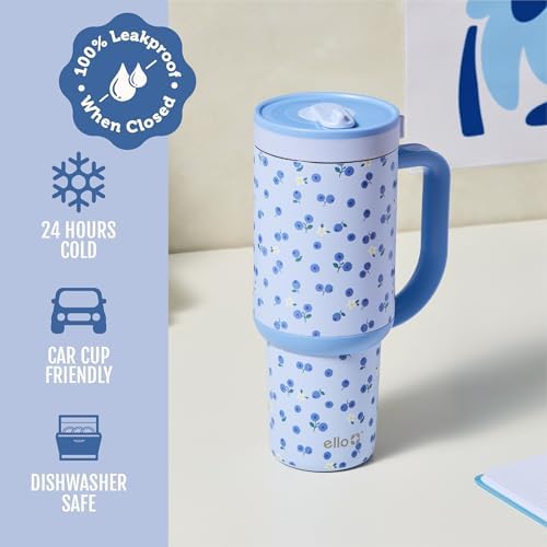 Ello Oasis 40oz Insulated Stainless Steel Tumbler with Straw, Blueberries