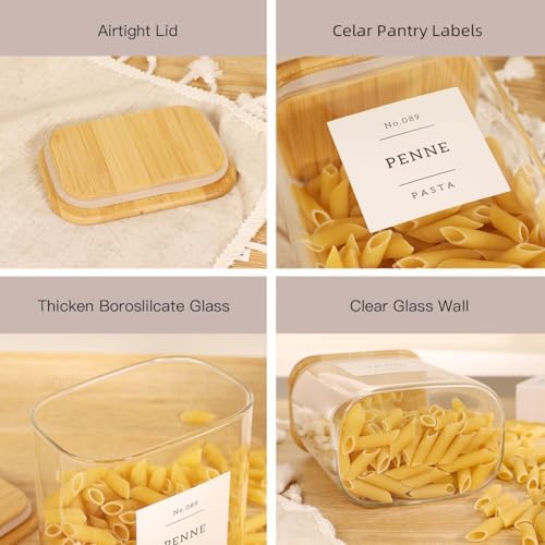 4 Pack Square Glass Pantry Storage Containers with 132 Kitchen Food Pantry Labels - 34 floz Clear Glass Pantry Jars with Airtight Wood Bamboo Lids - Glass Canisters for Tea, Cereal, Coffee, Spice