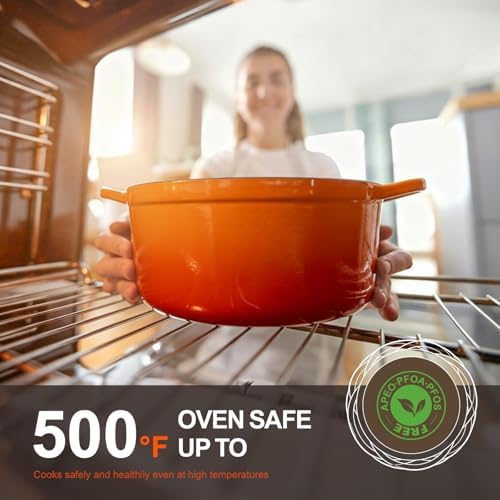 Overmont Enameled Cast Iron Dutch Oven - 5.5QT Pot with Wide Handles Lid Cookbook & Cotton Potholders - Heavy-Duty Pre-Seasoned Cookware Oven Safe to 500°F for Braising, Stews, Roasting, Sourdough Baking