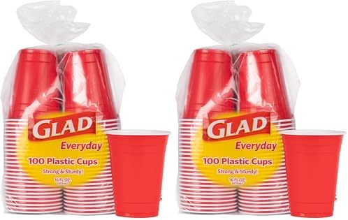 Glad Everyday Disposable Plastic Cups - Red Party Cups for All Occasions - Strong for Parties, Holiday, Graduation, and Thanksgiving - 16oz 100 Count (Pack of 2)