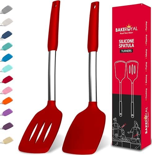 BakeRoyal Silicone Spatula Set - Turner Spatulas Silicone Heat Resistant 600°F - Slotted & Solid Spatula for Cooking Fish, Eggs, Pancakes Flipper – Spatulas for kitchen use – Red