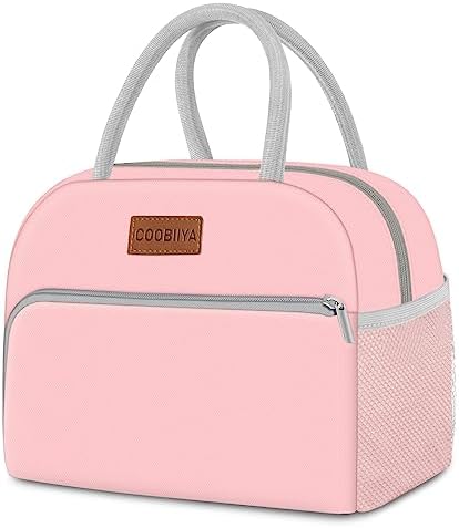Coobiiya Lunch Bag for Women Men, Insulated Reusable Picnic Bag, 10.8"L x 6.3"W x 8.85"H, Pink