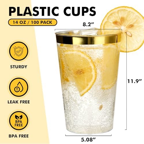 RACETOP 100 Pack 14 oz Gold Rimmed Plastic Cups