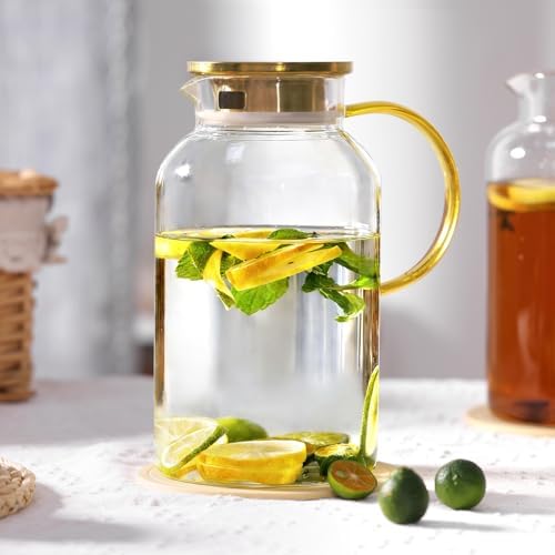 2 Pack 2 Liter/68oz Glass Pitchers with Handle and Lid, Glass Water Pitcher