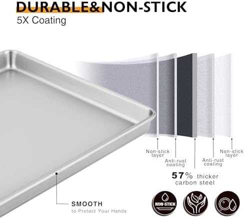 HONGBAKE Half Baking Sheet Pan Set of 2, Nonstick Cookie Sheet for Oven, Heavy Duty 1/2 Commercial Cookie Trays, Dishwasher Safe - Silver
