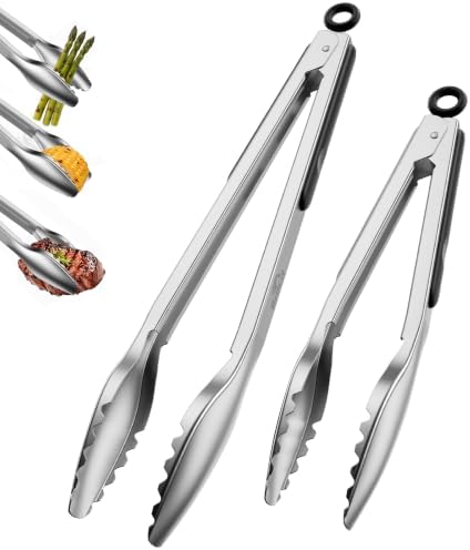Kitchen Tongs with Teeth for Strong Gripping, 9 and 12-Inch, Black