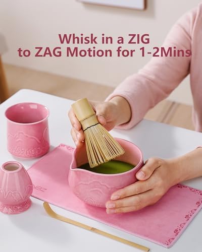 ZENS Premium Matcha Whisk Set with Blooming Cup, 7pcs Matcha Set, Pink