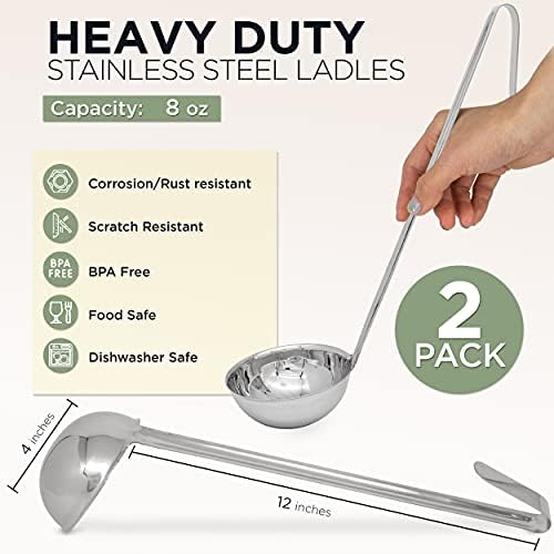 Fit Meal Prep [2 Pack] Stainless Steel Soup Ladle - One-Piece Sauce Spatula w/Hook Handles, Commercial Grade Serving Spoon, Kitchen Tool for Restaurant or Home Cooking, Mirror Finish, 14.25" Long