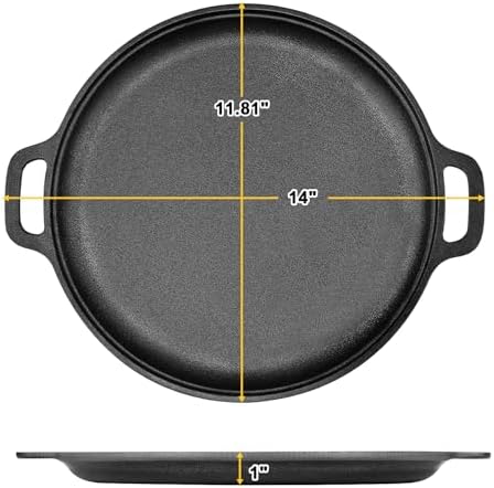 13.8 Inch Cast Iron Pizza Pan - Round Comal for Even Heating - Works on Oven, Grill & Campfire, Heavy-Duty Cast Iron Pizza Stone with Dual Handles