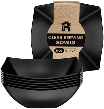 R-kay 6 Pack Square Plastic Serving Bowls - Black Plastic bowls 8 Oz - Disposable Serving Bowls, Disposable Heavy Duty For Weddings Catering And Birthday parties