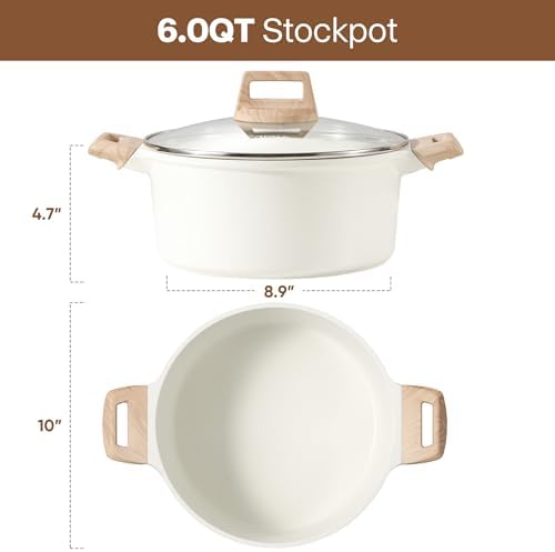 CAROTE Nonstick Stock Pot with Lid, 6 Quart White Granite