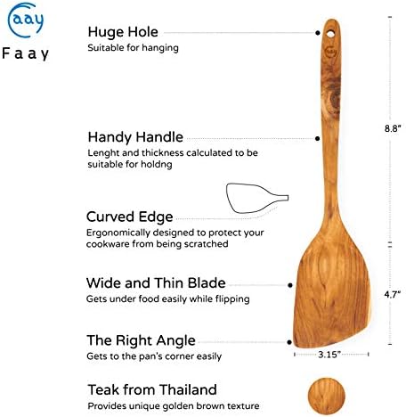 FAAY 13.5" Right-Hand Teak Spatula for Wok - Extra Wide 3.15" Head, Thin Edge Turner for Nonstick Pans, Coconut Oil Finish, Thai Handcrafted Wood