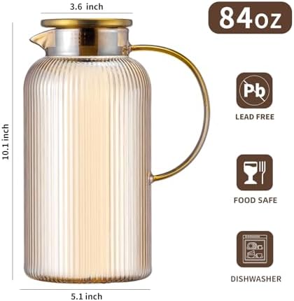 Buaic Glass Pitcher with Lid, 84 oz/ 2.5L Amber Glass Water Pitcher