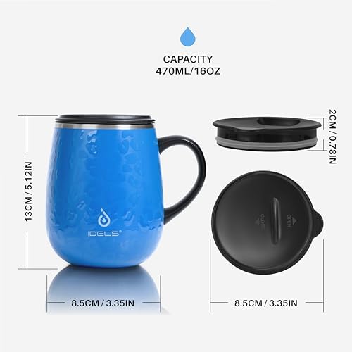 Ideus 16 oz Insulated Coffee Mug with Lid and Handle (Leopard Blue)