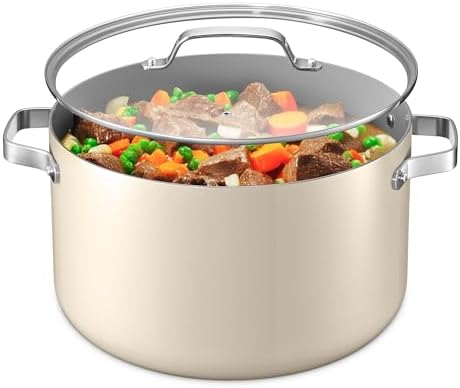Bakken 16 Quart Ceramic Coated Stock Pot with Lid, Easy Clean Nonstick Pot, Tempered Glass Lid, Riveted Stainless Steel Handles, Oven Safe Up To 500°F, PTFE & PFAS Free, All Stove Compatible, Cream