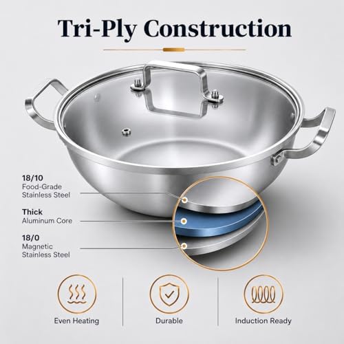 Delarlo Tri-Ply Stainless Steel Hot Pot 14 inch Everyday pan With lid,7QT
