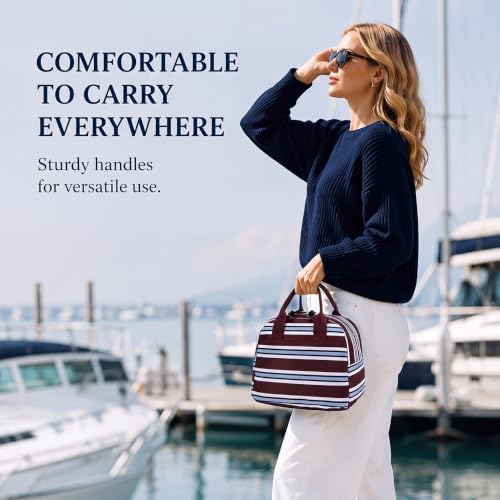 LOVELYWIND Lunch Box for Women, Insulated Lunch Bag, Burgundy Stripe Tote
