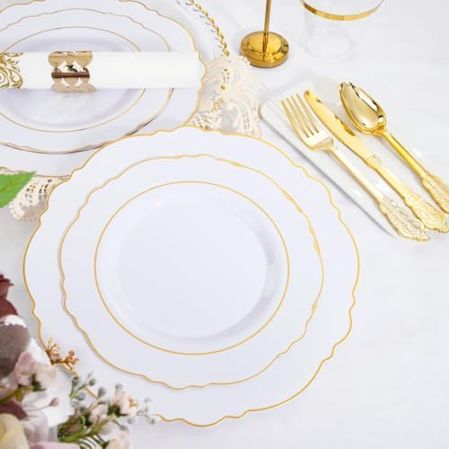 WDF Partyware 350 Pieces Gold Disposable Plates for 50 Guests, Plastic Plates for Party, Dinnerware Set of 50 Dinner Plates, 50 Salad Plate, 50 Spoons, 50 Forks, 50 Knives, 50 Cups for Wedding/Party