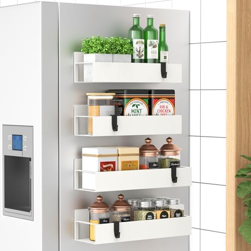 HuggieGems Metal Magnetic Spice Rack for Refrigerator Cream White, 4 Pack